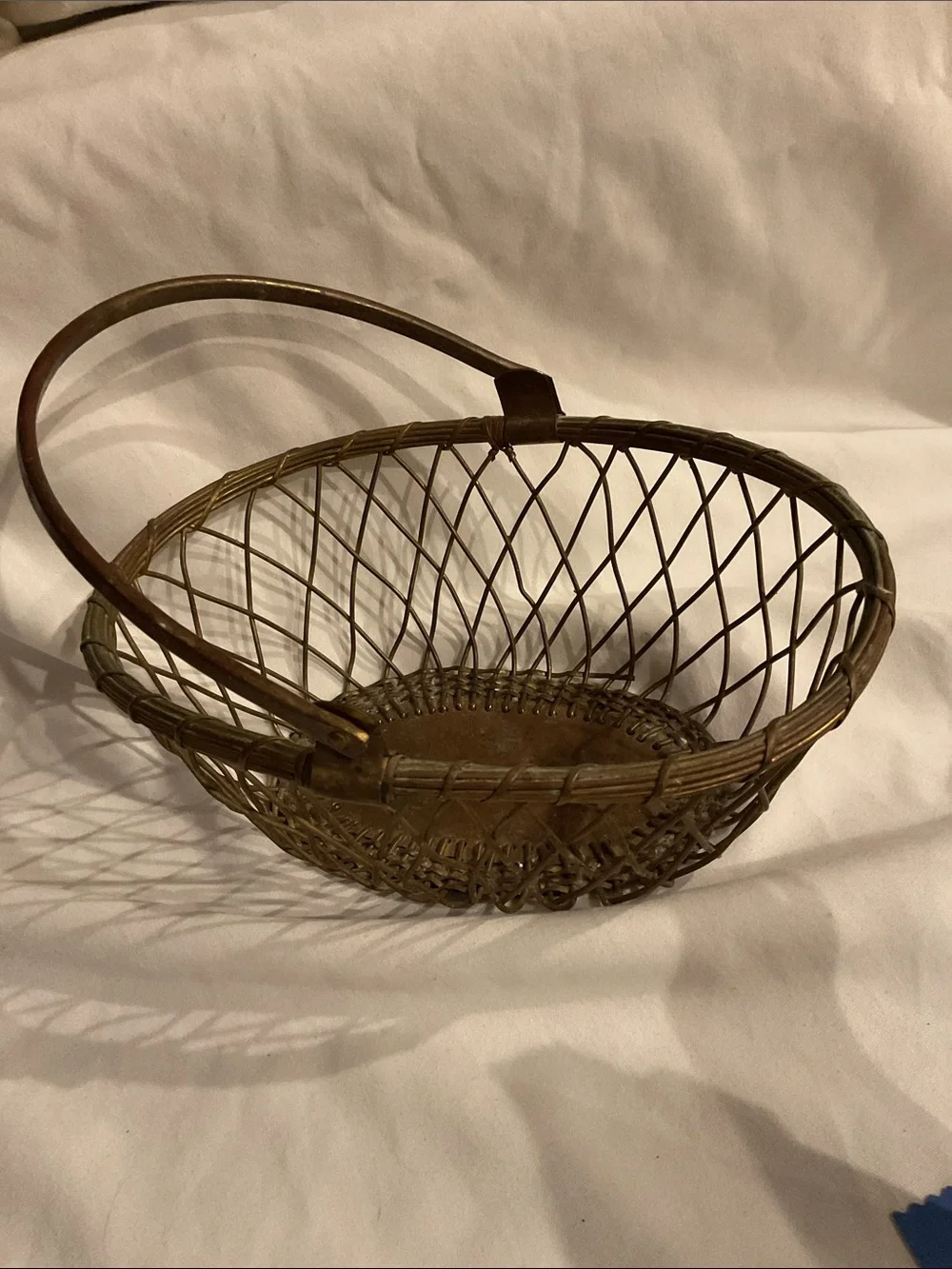 Heavy Metal Woven Basket Swing Handle Gold Metal  Rustic Farmhouse 11” VTG 1940